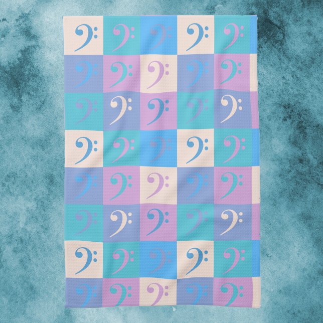 Bass Clef Music Pattern Pastel Colors Kitchen Towel (A kitchen towel with a pattern of bass clef symbols in pastel colors.)