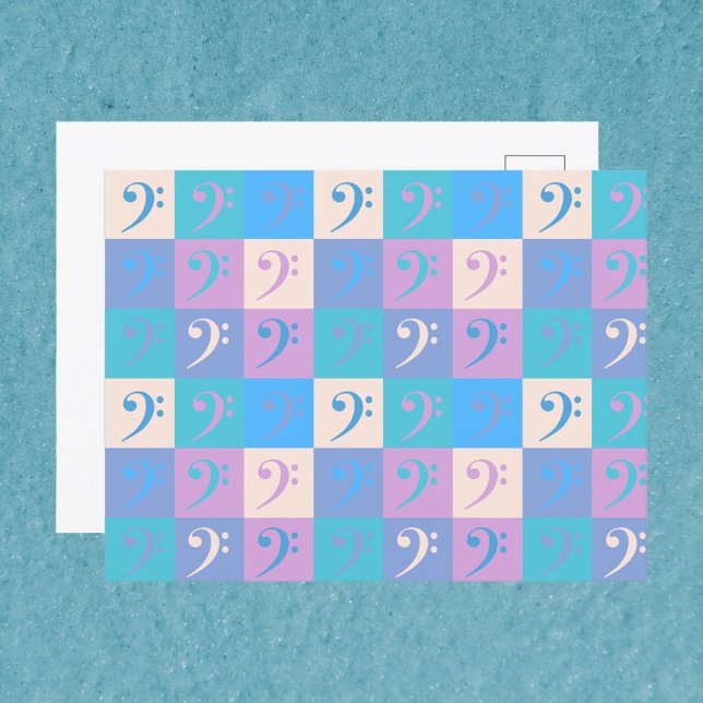 Bass Clef Music Pattern Pastel Colors Postcard (A postcard with a pattern of bass clefs done in yellow, blue, pink, turquoise, purple and blue.)