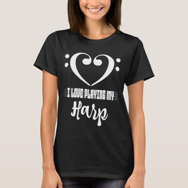 Bass Clef Musical Heart I Love Playing My Harp T-Shirt (Front)