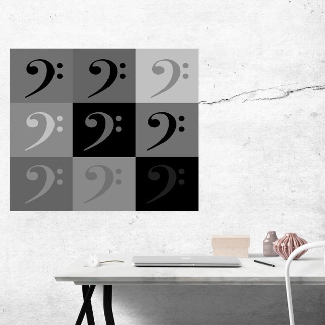 Bass Clef Pattern Black Gray Poster (A poster of a bass clef pattern in various shades of gray and black.)