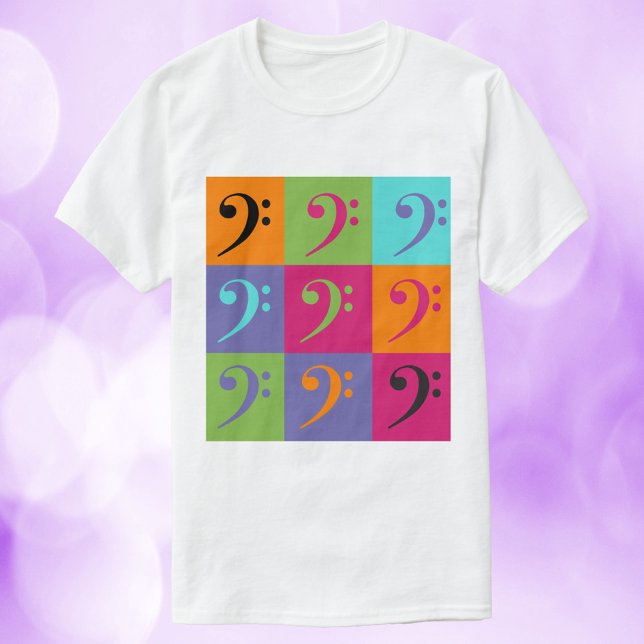 Bass Clef Pattern Orange Pink Purple T-Shirt (A tshirt with a bass clef pattern done in orange, green, pink, blue and purple.)