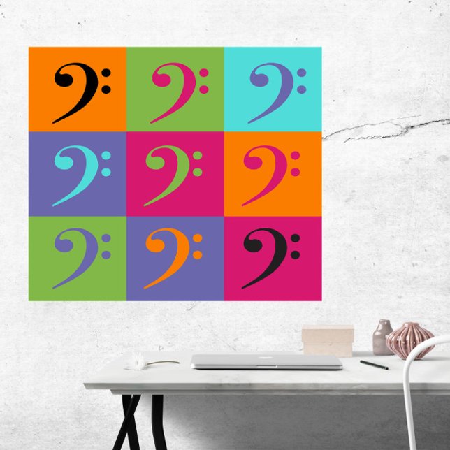 Bass Clef Pattern Orange Purple Pink Poster (A poster featuring a bass clef pattern in orange, pink, green and turquoise)