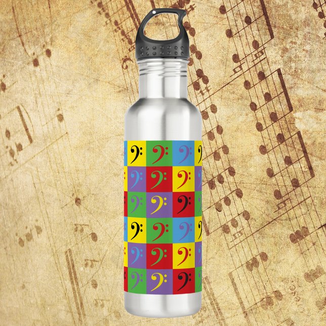 Bass Clef Rainbow Pop Art Pattern Stainless Steel Water Bottle (A water bottle with a pop art pattern of bass clef symbols.)