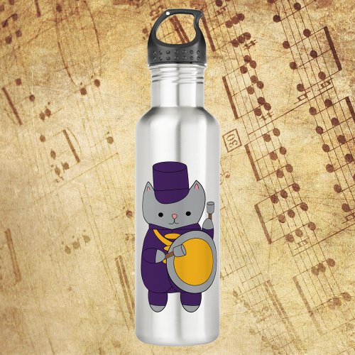 Bass Drum Cat Marching Band Purple Yellow Stainless Steel Water Bottle