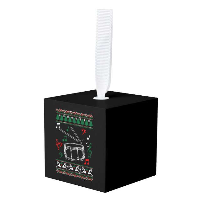 Bass Drum Ugly Christmas Sweater Cube Ornament (Front Angled)