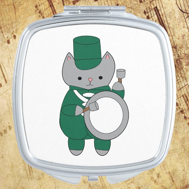 Bass Drummer Marching Band Cat Green and White Compact Mirror (A compact mirror with a cat playing the bass drum while wearing white and green)