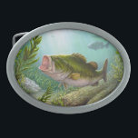 Bass Fish Belt Buckle<br><div class="desc">A big-mouth bass fish in a near magical setting of grass and sparkling sand. By Amanda Diehl,  Paxdomino Designs.</div>
