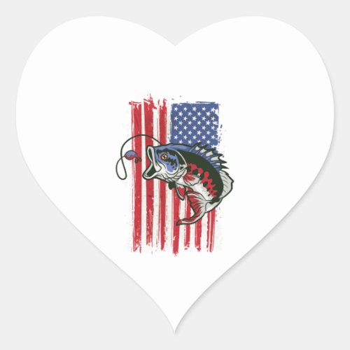 Bass Fish US American Flag Heart Sticker