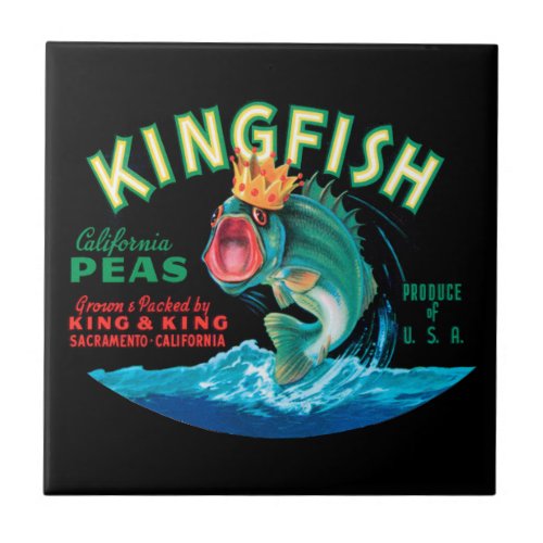 Bass Fish Wearing a Crown on a Black Background Ceramic Tile
