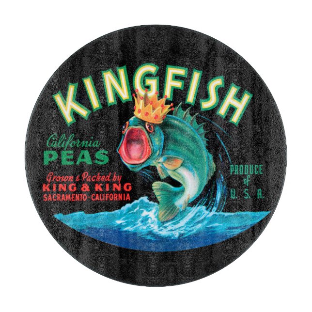 Bass Fish Wearing a Crown on a Black Background Cutting Board (Front)