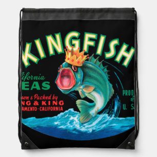 Bass Fish Wearing a Crown on a Black Background Drawstring Bag