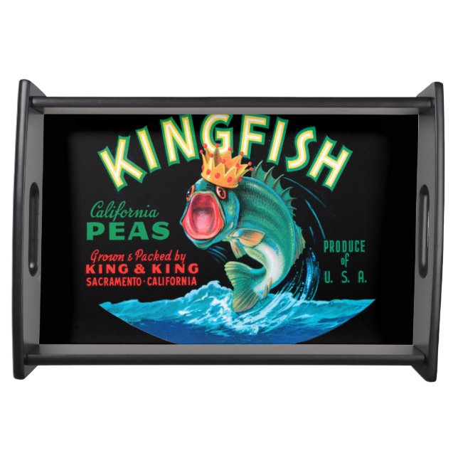 Bass Fish Wearing a Crown on a Black Background Serving Tray (Front)