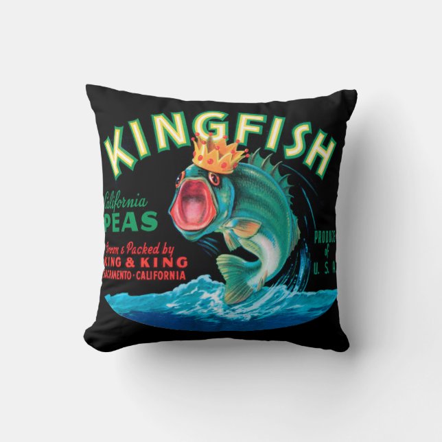 Bass Fish Wearing a Crown on a Black Background Throw Pillow (Front)