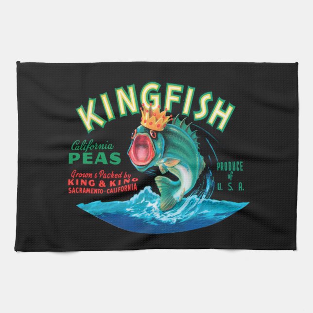 Bass Fish Wearing a Crown on a Black Background Towel (Horizontal)