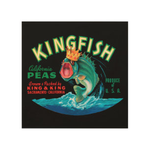 Bass Fish Wearing a Crown on a Black Background Wood Wall Art