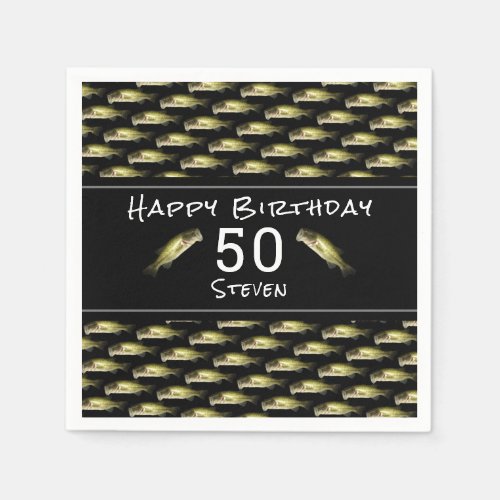 Bass Fishing 50th Birthday Black Mens Personalized Napkins