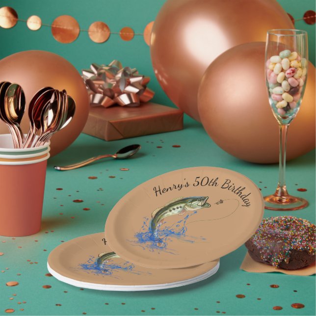 Bass Fishing 50th Birthday Party Paper Plates (Multi)