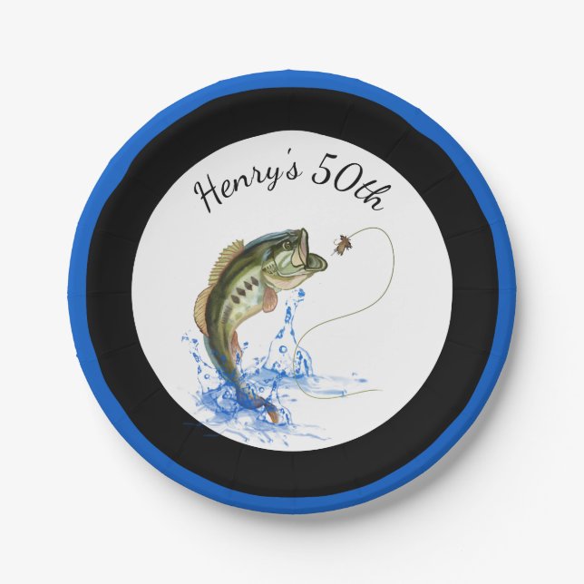 Bass Fishing 50th Birthday Party Paper Plates (Front)
