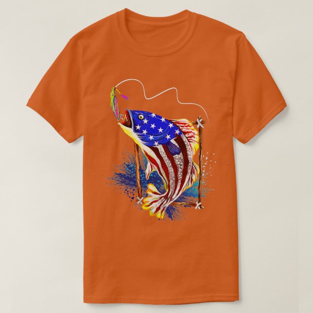 Bass Fishing American Flag Fish Funny Fathers Day  T-Shirt (Design Front)