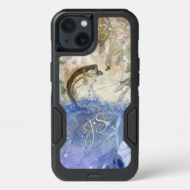 Bass Fishing Art with Monogram Otterbox iPhone Case (Back)