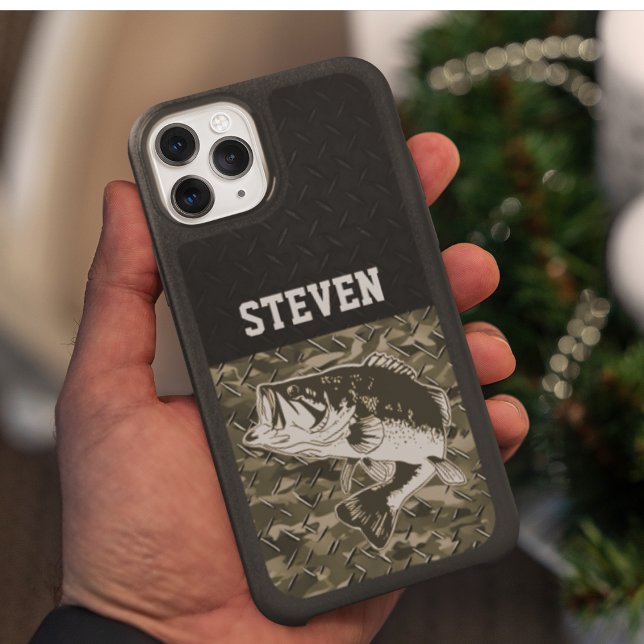 Bass Fishing Black Camo Diamond Plate Outdoors Otterbox iPhone Case (Upgrade your phone protection with a touch of the great outdoors and rugged style. )