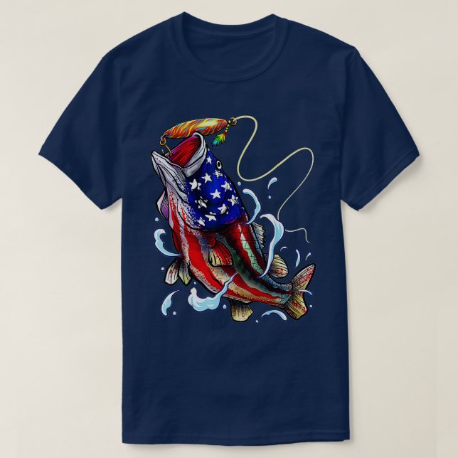 Bass Fishing Fish American Flag Dad Father Fourth  T-Shirt (Design Front)