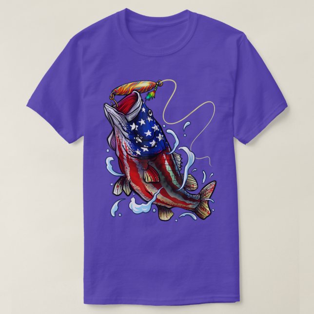 Bass Fishing Fish American Flag Dad Father Fourth  T-Shirt (Design Front)