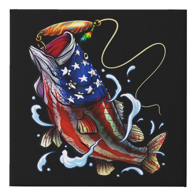 Bass Fishing Fish American Flag Patriotic Fishing Faux Canvas Print (Front)