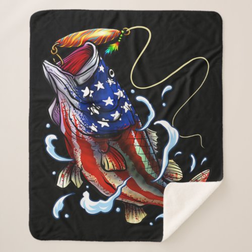 Bass Fishing Fish American Flag Patriotic Fishing Sherpa Blanket