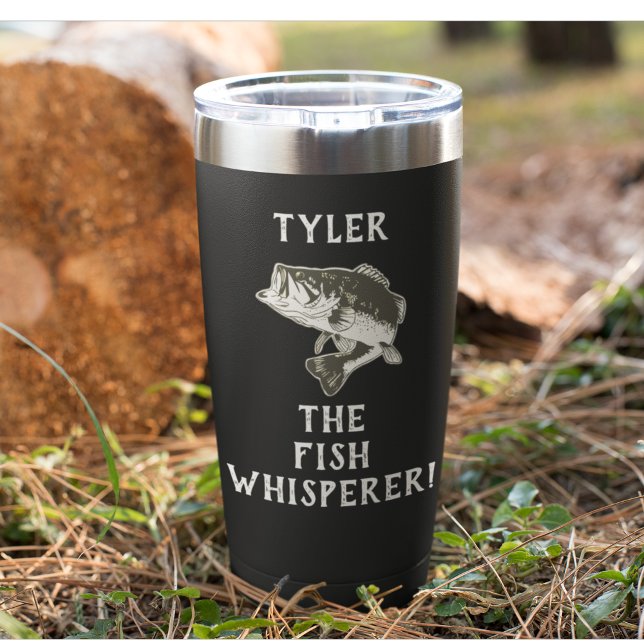 Bass Fishing Fish Whisperer Name Funny Angler Insulated Tumbler (Great travel coffee mug gift for men, bass fishing fish whisperer funny quote.)
