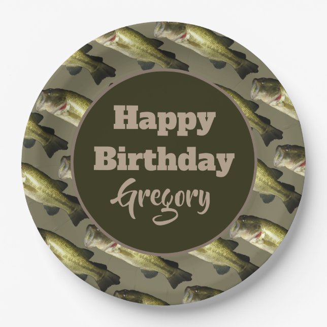 Bass Fishing Happy Birthday Party Personalized Paper Plates (Front)