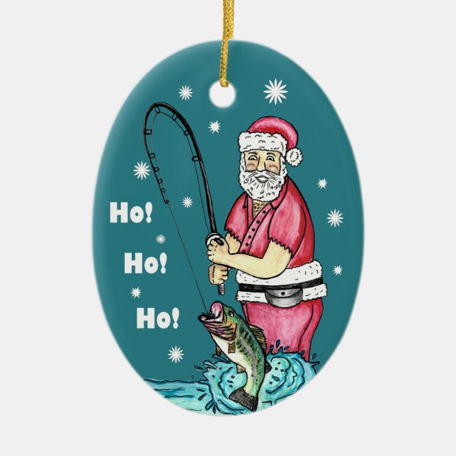 Bass Fishing Santa Claus Christmas Ceramic Ornament (Front)