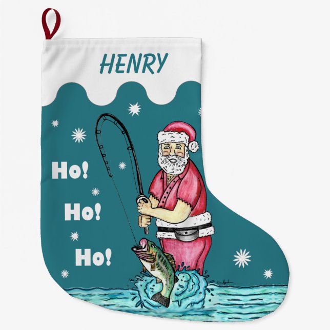 Bass Fishing Santa Claus Large Christmas Stocking (Front)
