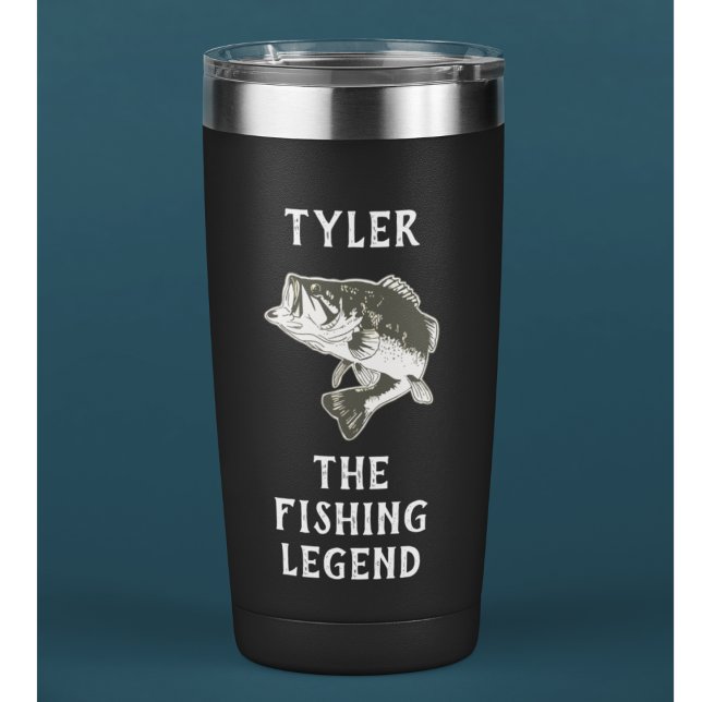 Bass Fishing The Legend Name Funny Insulated Tumbler (Bass fishing personalized coffee travel mug "The Fishing Legend" )
