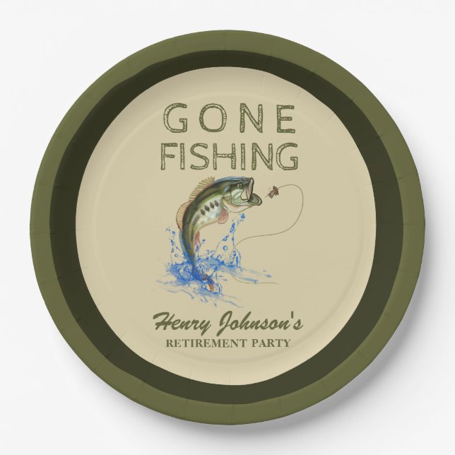 Bass Gone Fishing Retirement Paper Plates (Front)