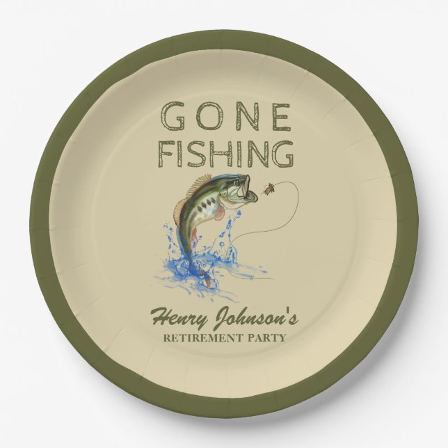 Bass Gone Fishing Retirement Paper Plates (Front)