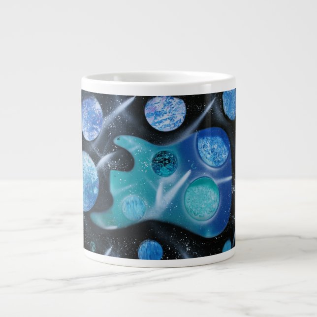 bass guitar blue green planets painting giant coffee mug (Front)