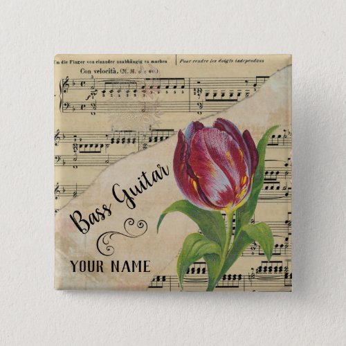 Bass Guitar Tulip Vintage Sheet Music Customized Square Button