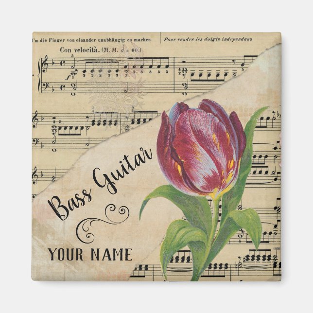 Bass Guitar Tulip Vintage Sheet Music Customized Magnet (Front)
