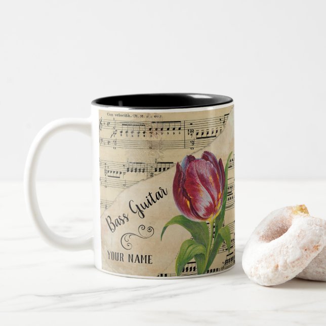 Bass Guitar Tulip Vintage Sheet Music Customized Two-Tone Coffee Mug (With Donut)