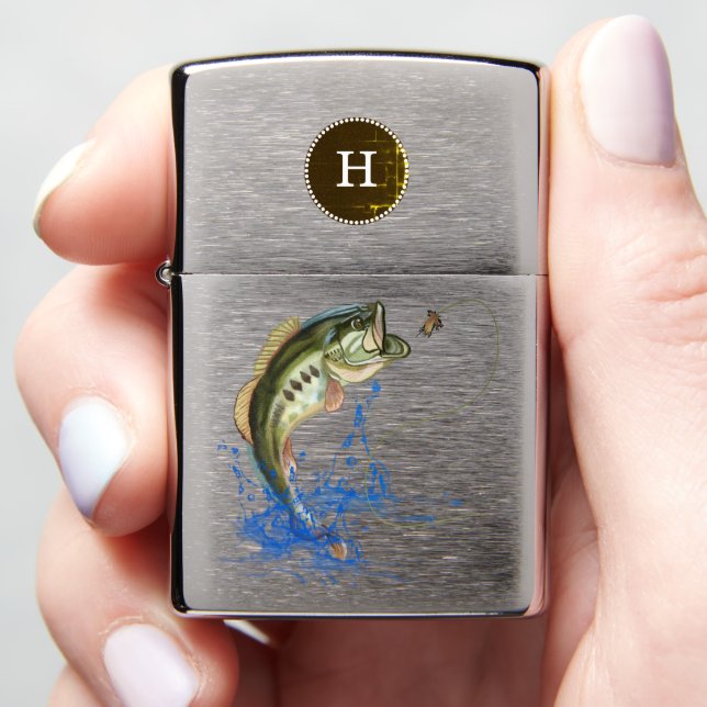 Bass Jumping after Fly Fishing Lure Monogram Zippo Lighter (In Hand)