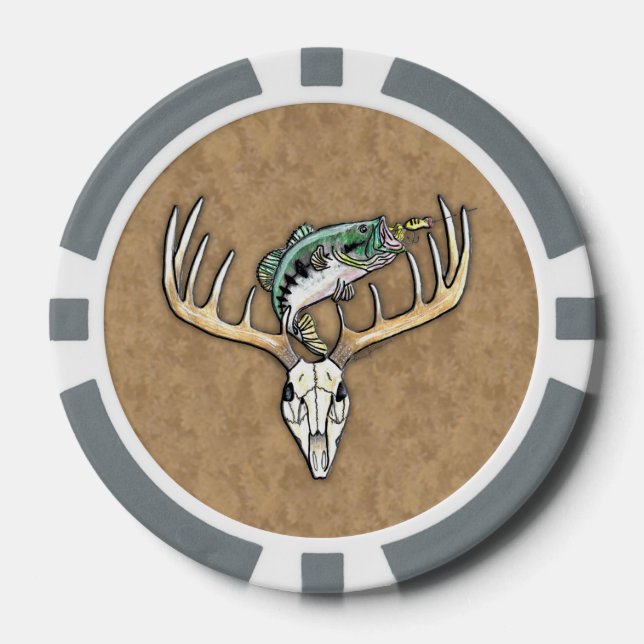 Bass Jumping over Big Buck Horns Skull Poker Chips (Front)