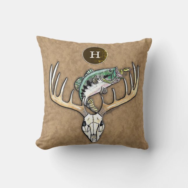 Bass Jumping over Deer Horns Skull Monogram Throw Pillow (Front)