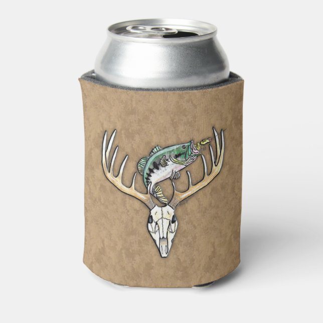 Bass jumping over large horns deer skull can cooler (Can Back)