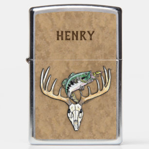 Bass Jumping over Monster Buck Deer Skull Monogram Zippo Lighter