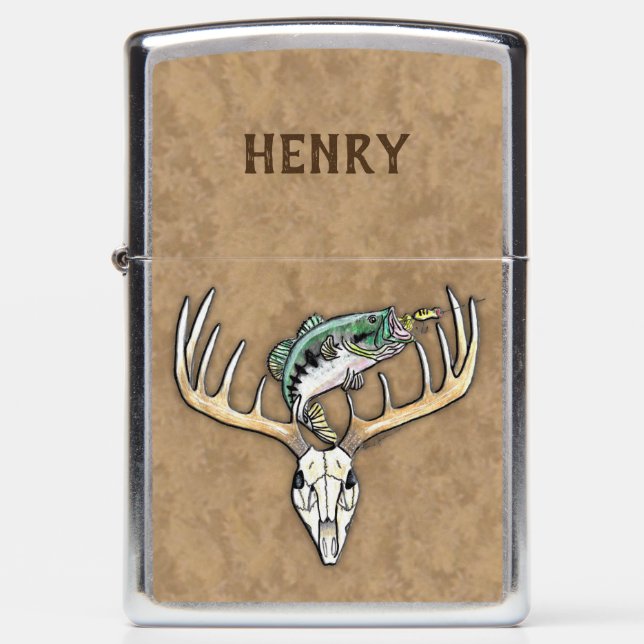 Bass Jumping over Monster Buck Deer Skull Monogram Zippo Lighter (Front)