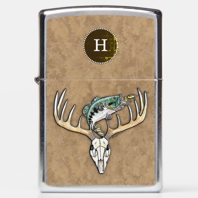 Bass Jumping over Monster Buck Deer Skull Monogram Zippo Lighter (Front)