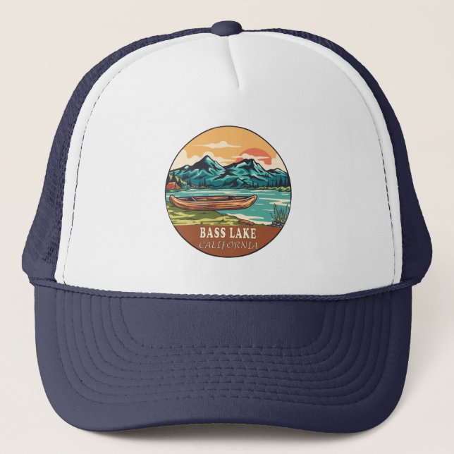 Bass Lake California Boating Fishing Emblem Trucker Hat (Front)
