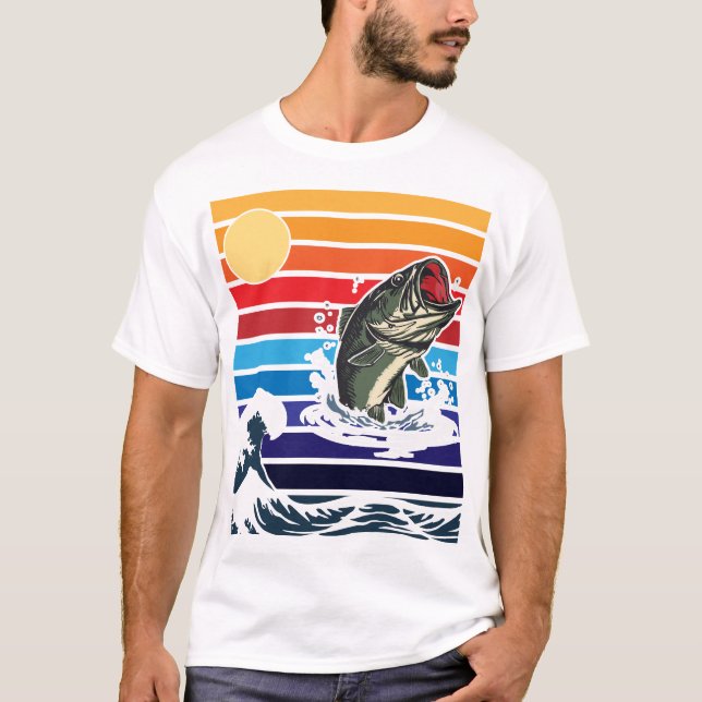 Bass Mouth Retro Sunset Jumping Fish T-Shirt (Front)