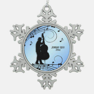 Bass Player Blue Personal Name and Date Snowflake Pewter Christmas Ornament